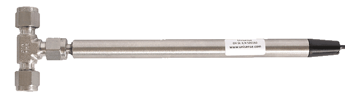Flow cell with Swagelok© T-piece for either 1/4 or 1/8 inch tubing.
